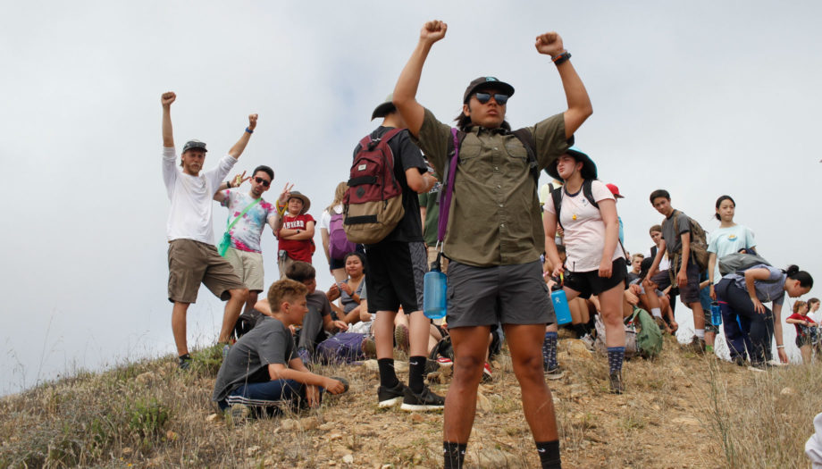 hikers celebrating at the summit of one of the trails on Catalina Island
