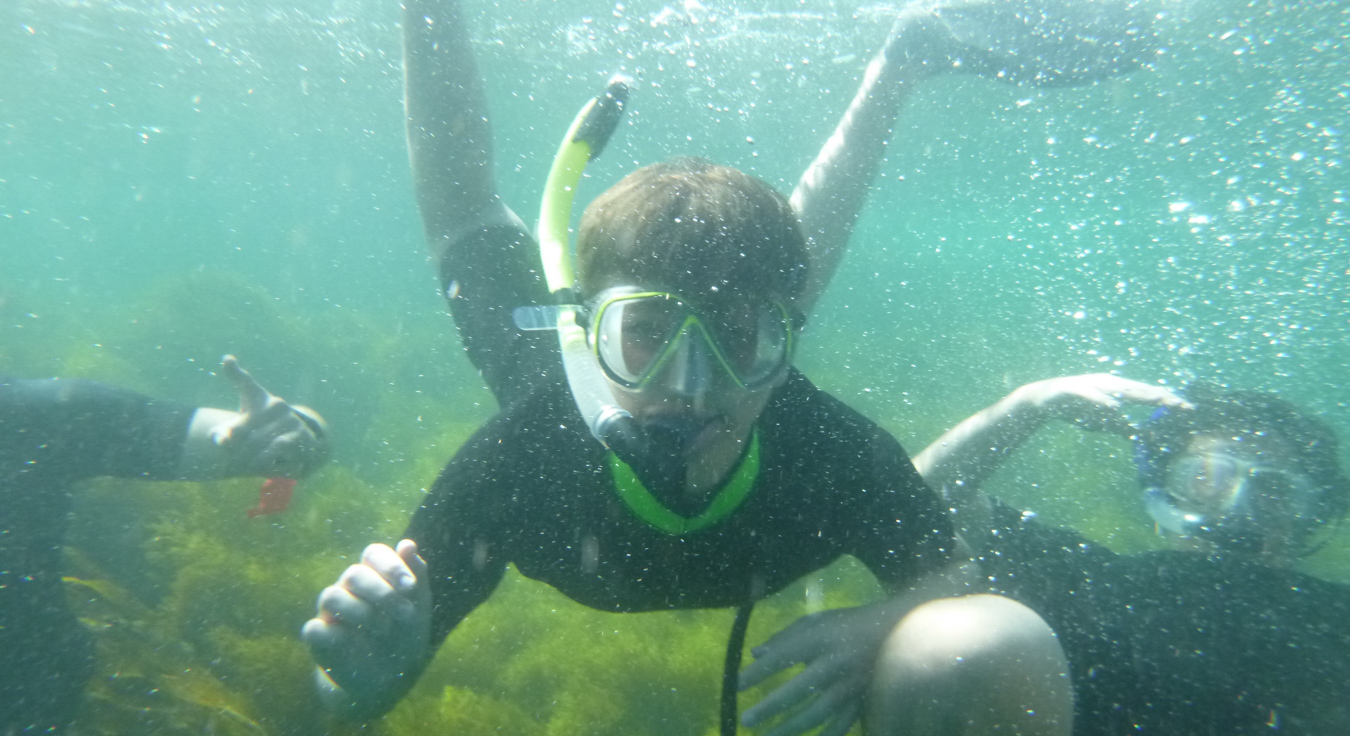 underwater with campers skindiving