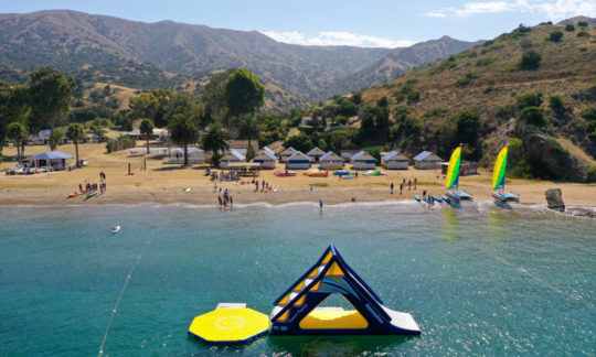 aerial view overlooking camp from the water